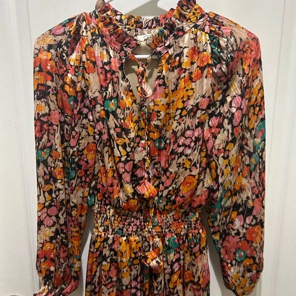 Umgee Women’s Floral Long Sleeve Tie-Neck Dress - Picture 1 of 12